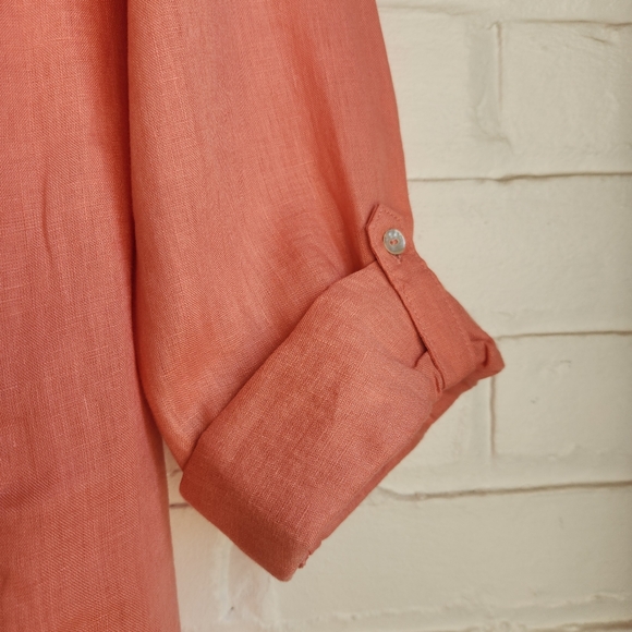 Sigrid Olsen 100% Linen Top Salmon Collared V Neck Roll Tab Sleeves Size Large - Picture 3 of 6